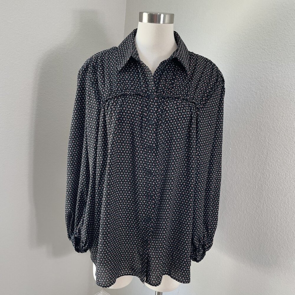 Max Studio Blouse Womens Large Black Red Geometric Print‎ Long Sleeve Button Top